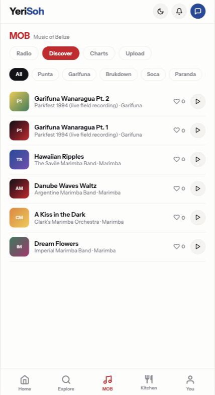 MOB Discover screen on YeriSoh, a track list with genre chips, hearts, and play buttons