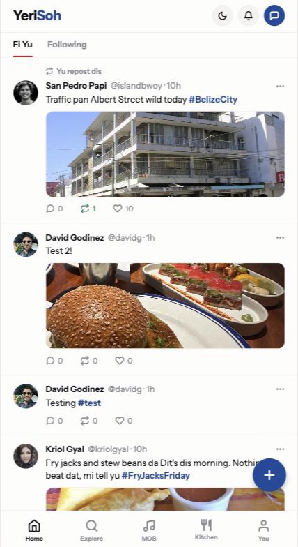 YeriSoh Fi Yu feed on a phone, showing yeris, photos, hashtags, avatars, and like, comment, and repost counts